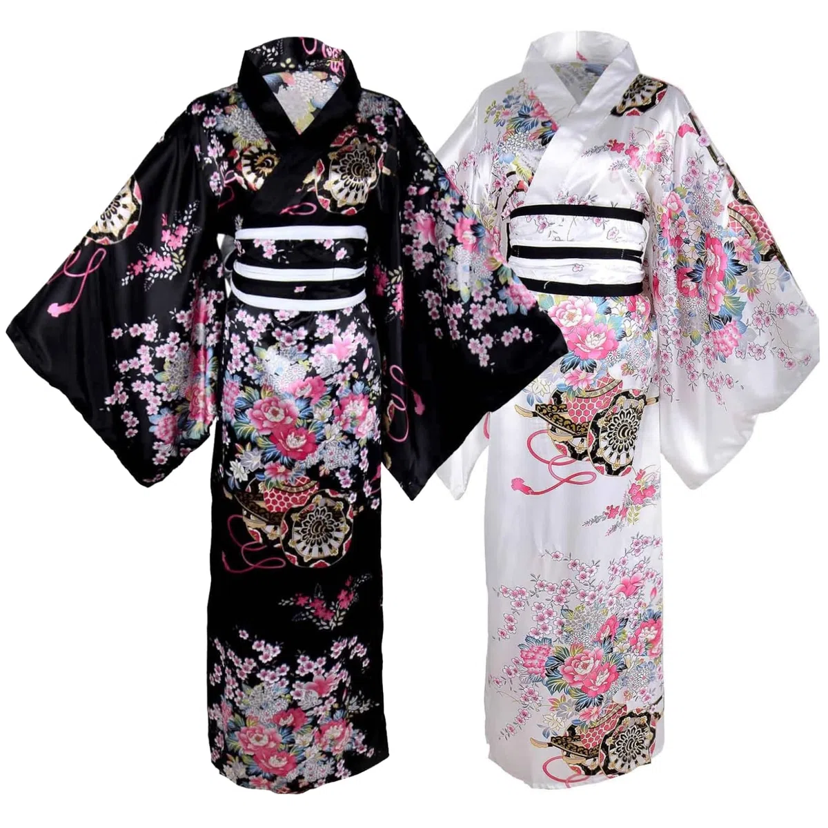 Yukata para Mujer, Kimono japonés con Estampado Floral, Sedoso, cómodo y Agradable para la Piel, con cinturón, Estilo Tradicional de Kioto, Ideal para Fiestas, Cosplay y Accesorios (Blanco).