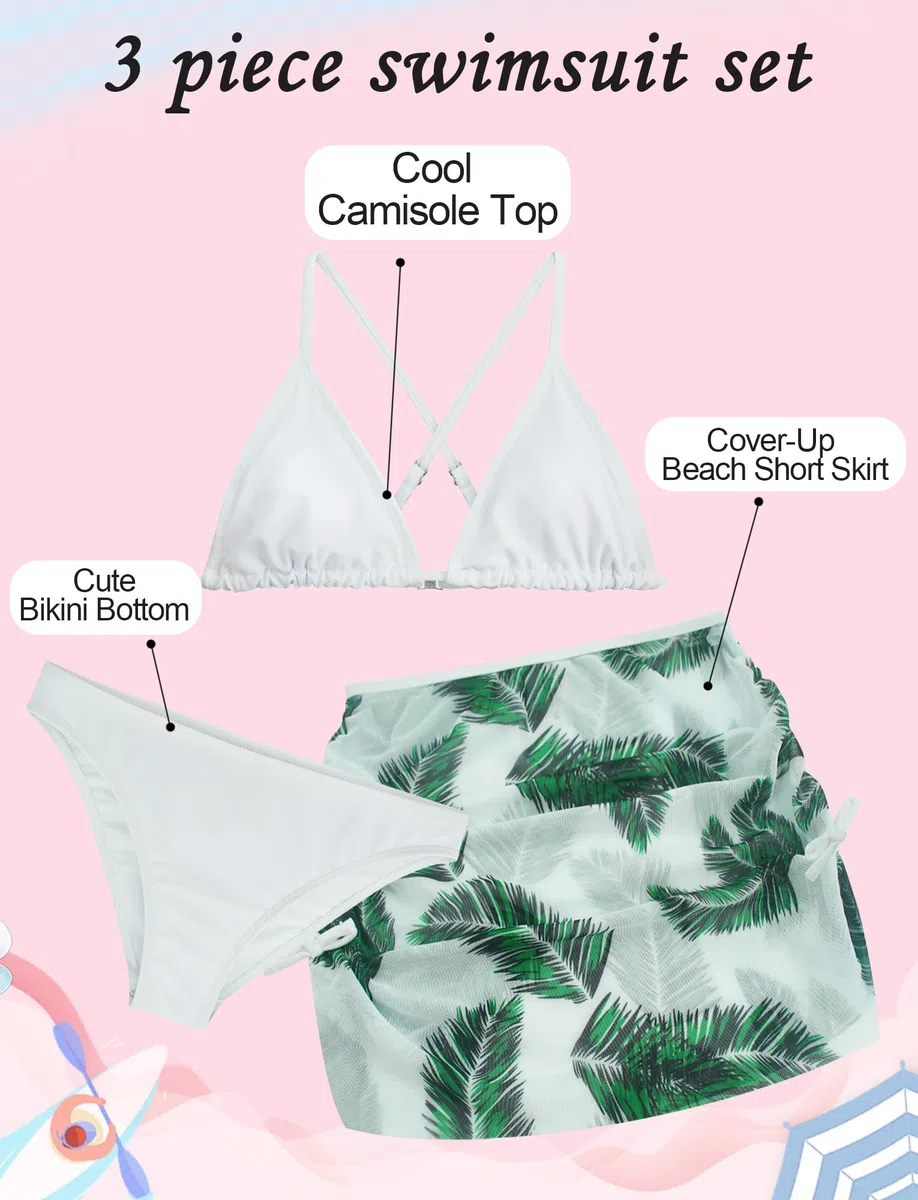 AIEOE Set 3 PCS Bañador con Falda Niñas Bikini con Motivo Floral Traje de Baño Verano para 8-14 Años