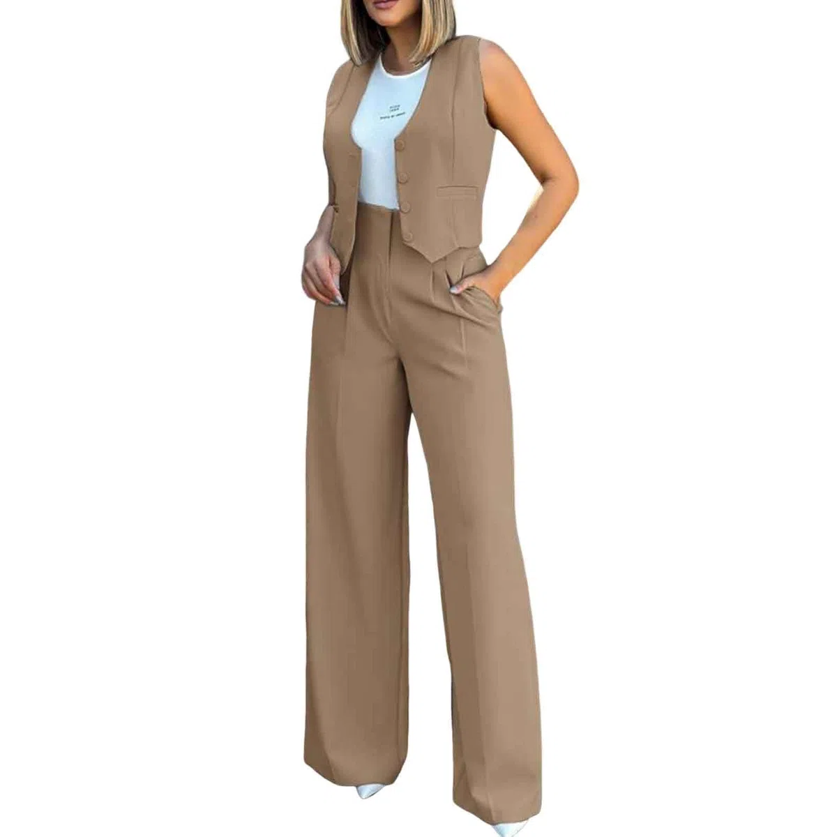 Elegante traje de pantalón para mujer con chaleco, cárdigan de tanque, para vestidos de noche elegantes de negocios, con piernas anchas, prácticos bolsillos