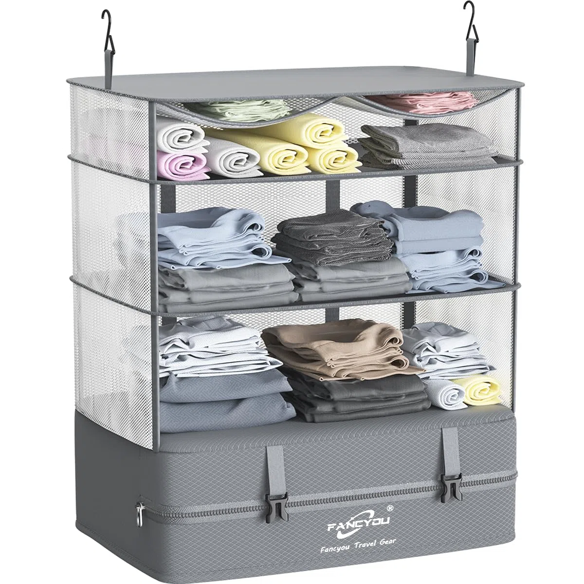 Cubos Colgantes para Organizar Maletas, Armario Portátil de Tela de Nylon Mejorada 44 * 30 * 65cm, Compresión para Embalar y Desembalar en un Solo Paso para Viajes de Negocios (Gris)