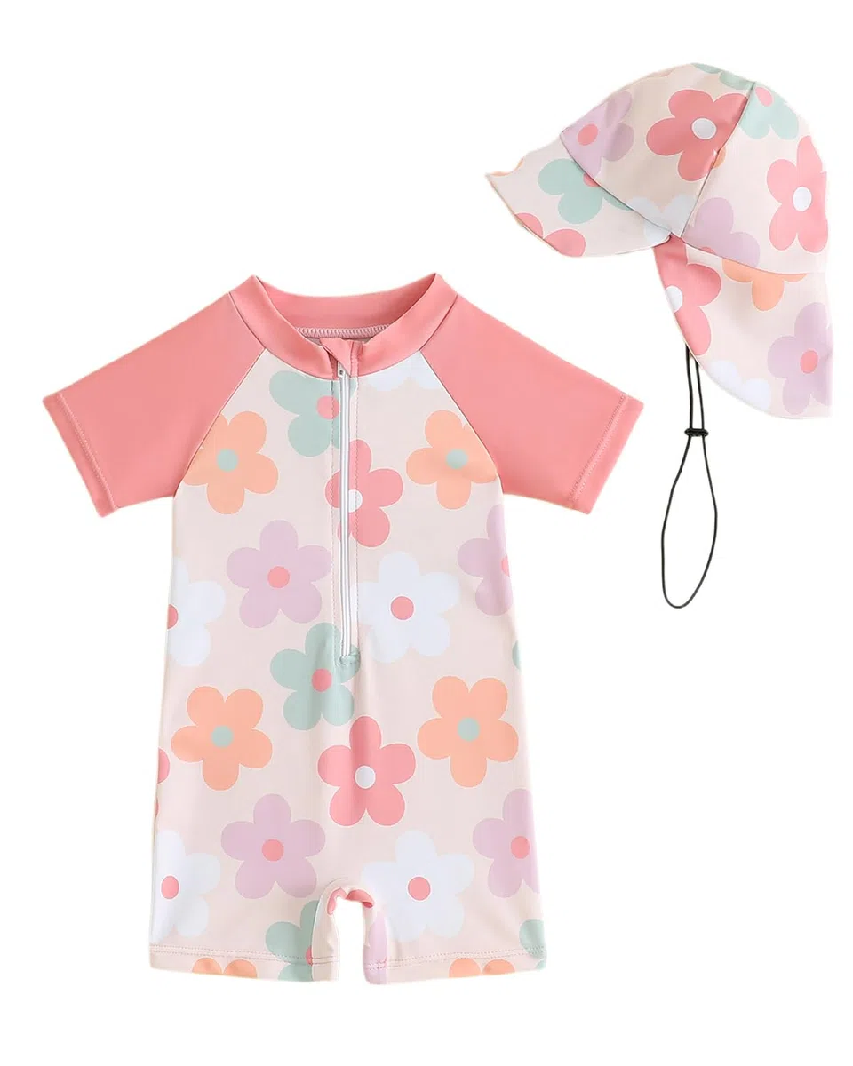 FishingDino Bañador Bebe de una Pieza con Protección UV, Traje Niña y Niño con Cremallera Frontal y Sombrero de Sol Camiseta Solar de Manga Corta