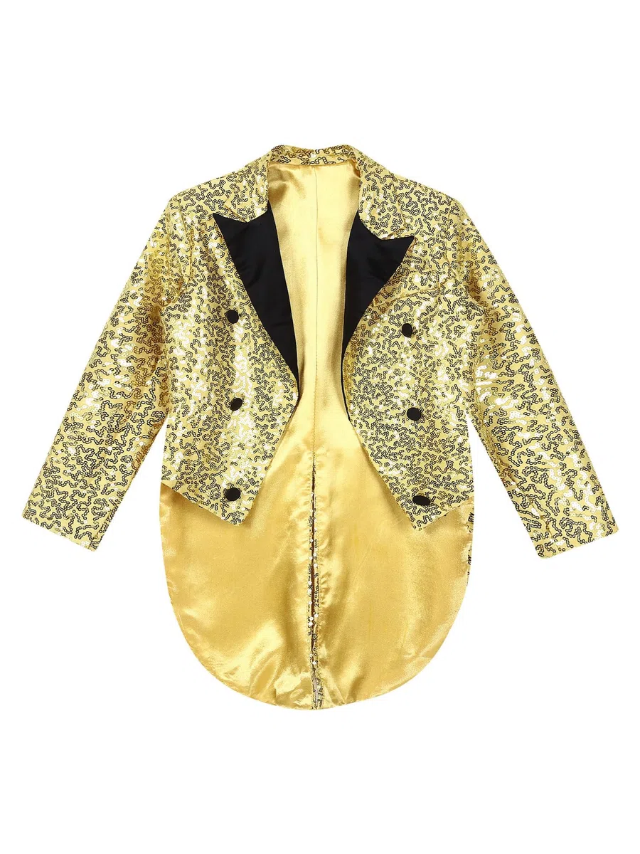 Alvivi Chaqueta de Disfraz Lentejuelas de Fiesta para Niños Chaqueta de Esmoquin Formal con Cola Blazer Vestir Disfraz de Magia Carnaval Navidad 5-14 Años Dorado 7-8 años