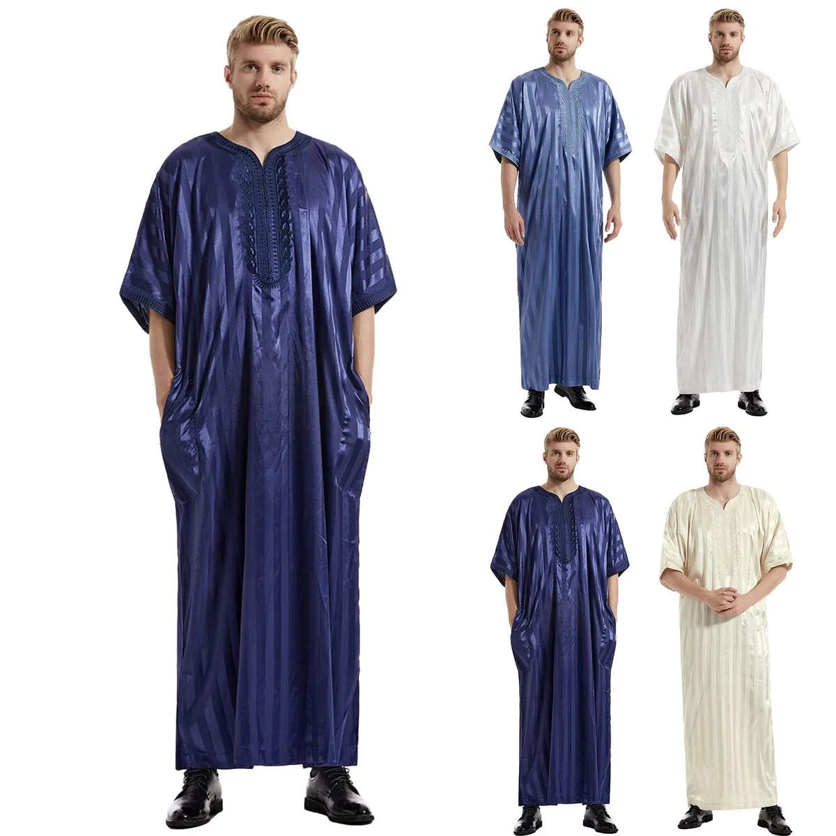 Hombres Musulmanes Ropa Jacquard Bordado Manga Corta Caftán Túnica de Pie Cuello Manga Larga Saudita Árabe Musulmán Dubai Robe Medio Oriente Saudita Túnicas de Arabia Saudita Vestidos turcos