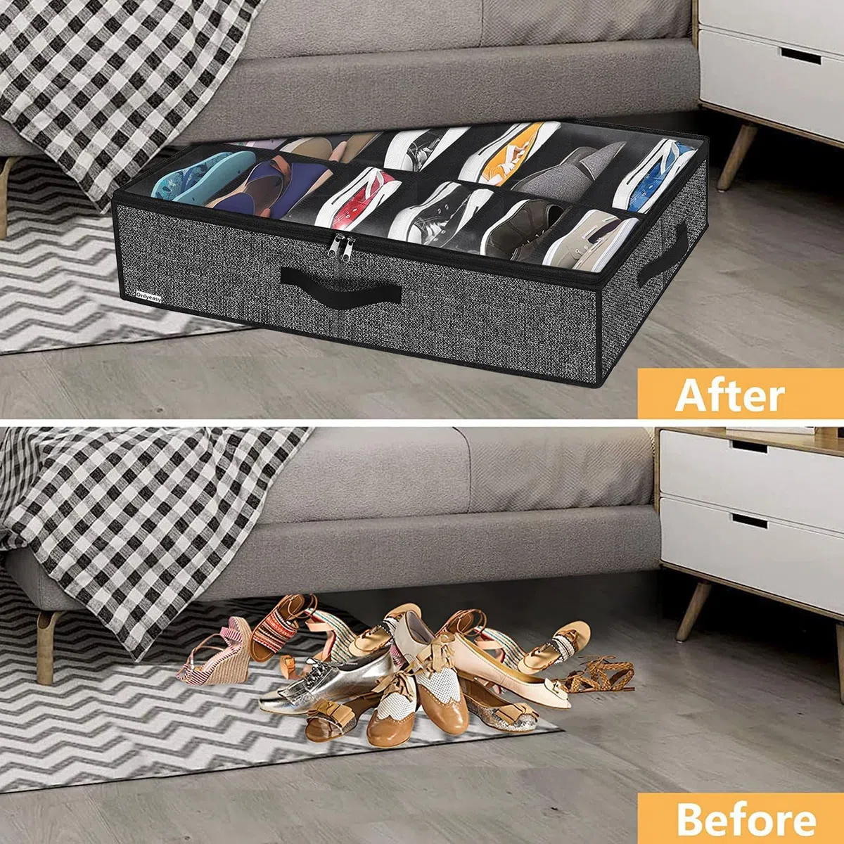 homyfort Juego de 2 Organizador de Zapatos Debajo de la Cama - Titular, Bolsas con Tapa Transparente 12 Pares x 2 Caja Plegable de Almacenaje, Negro Lino, XAUBSB2P