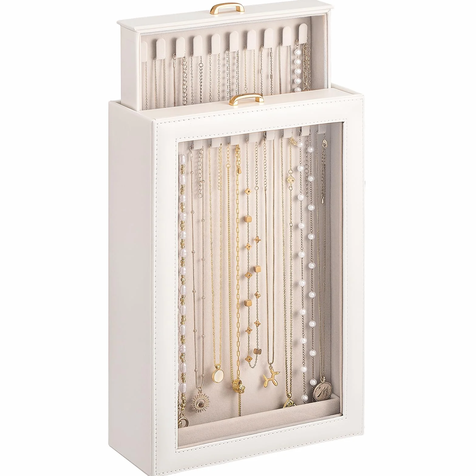Lolalet Organizador de Collares Vertical，Caja para Collares con 2 Cajones Extraíbles,2 Capas y 20 Ganchos,Almacenamiento Antienredos para Collares,Pulseras y Accesorios,Ocupa Poco Espacio-Blanco
