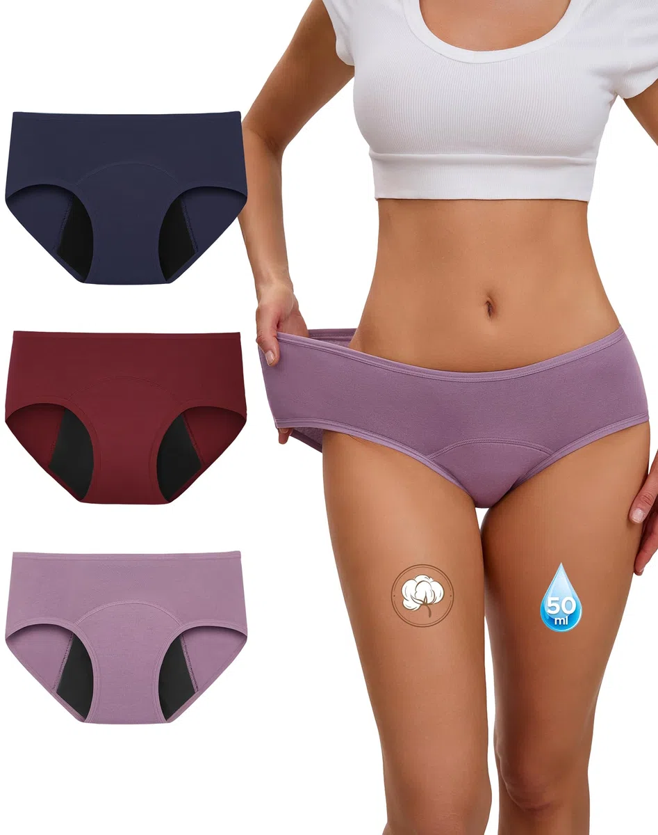 INNERSY Bragas Menstruales Mujer Flujo Abundante Cintura Media Braga Menstrual Algodón Lavables Pack de 3