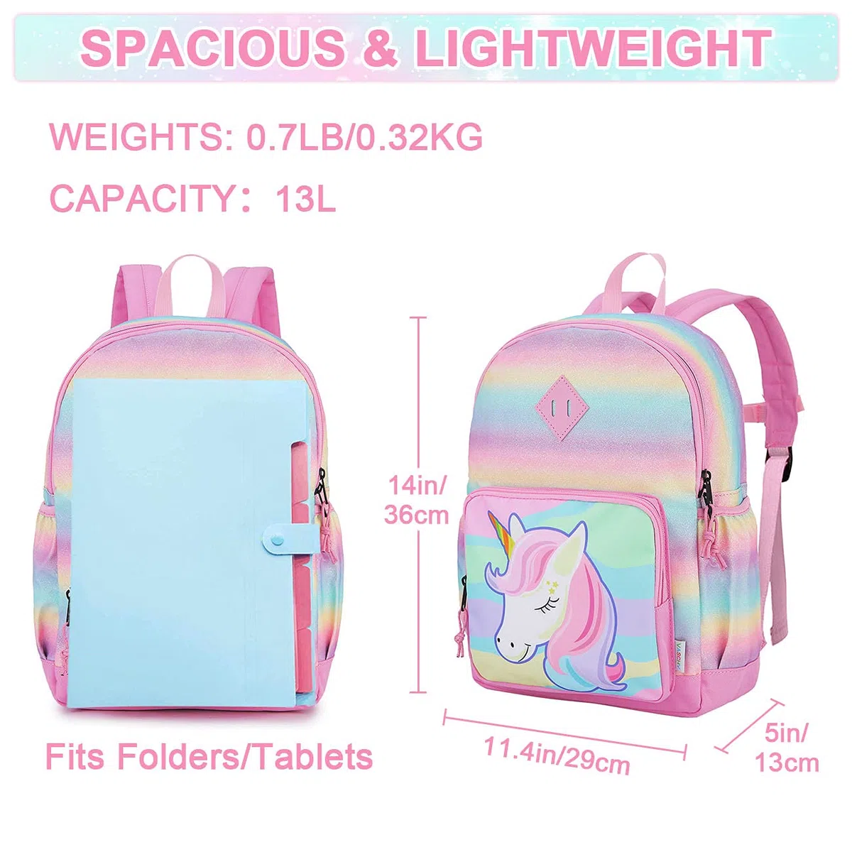 VASCHY Mochila Niña, Mochilas Escolares Mochila Infantil 4-6 Años para Escolar Ajustar Carpeta A4 con Bolsillos Laterales y Correa en Pecho