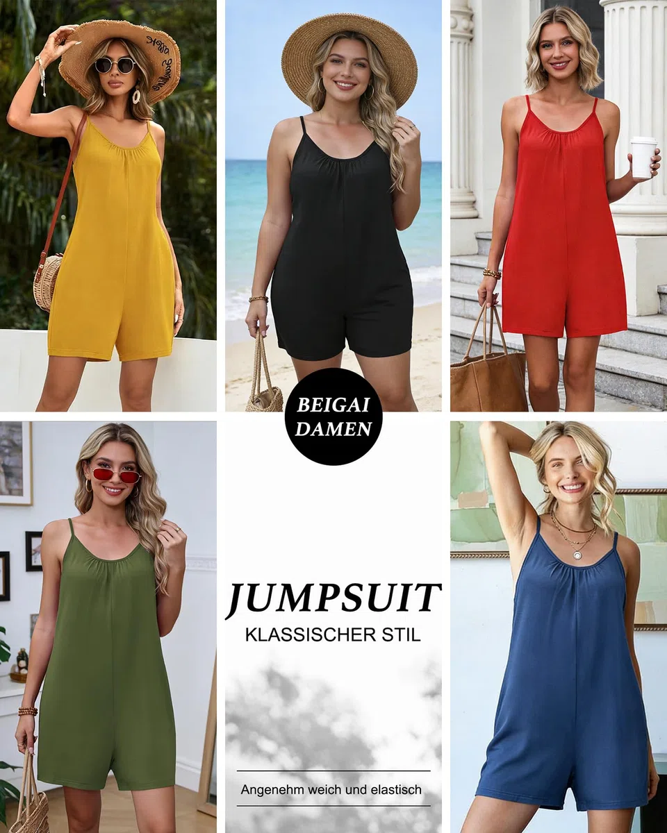 BEIGAI Peto corto para mujer, mono de verano, pantalones de trabajo elegantes, informales, sin mangas, con tirantes sueltos, mono de una pieza, sexy con tirantes finos, traje de pantalón con bolsillos