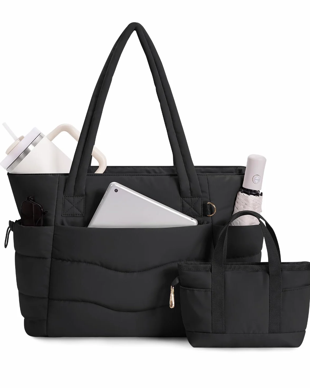 Bolso Tote Mujer Acolchado 2 Piezas, Bolso Shopper Grande con Compartimento para Ordenador 15.6" y Portabotellas Aislante 40oz, Ideal para Oficina, Universidad, Viaje y Uso Diario (Diseño Patentado)