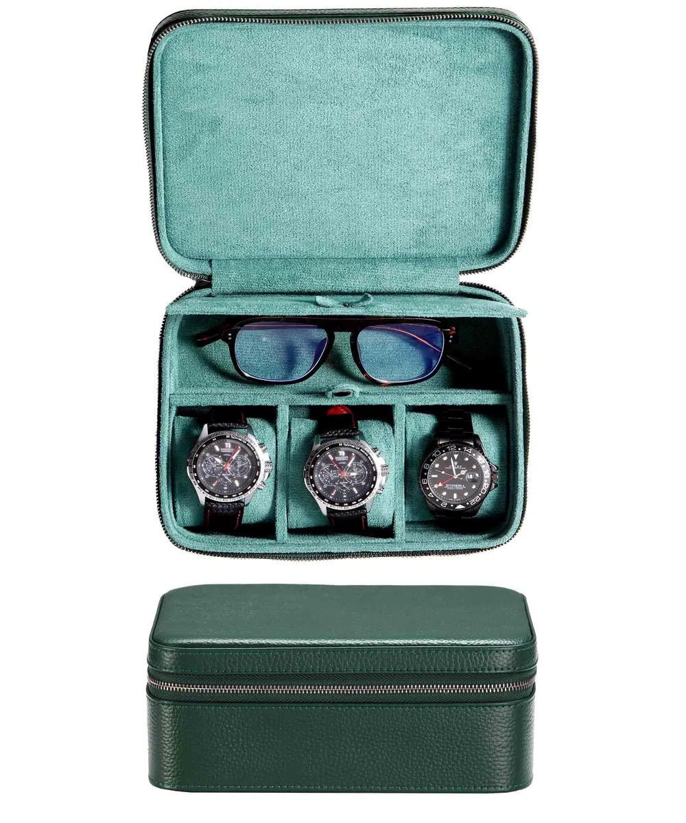 Caja de cuero auténtico para hombre, estuche de viaje con compartimento para gafas, bolsa de transporte de piel auténtica granulada para 3 relojes, rollo de viaje, cremallera (verde)