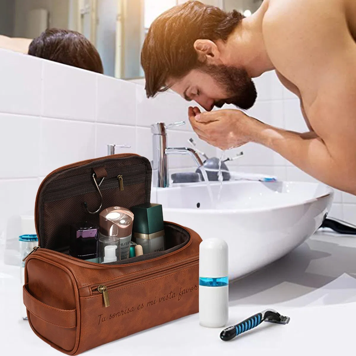 Easycosy Regalos Dia del Padre, Neceser Hombre en Piel Personalizado - Bolsa de Aseo Compacto para Viaje, Regalo para Papá, Amantes y Amigos