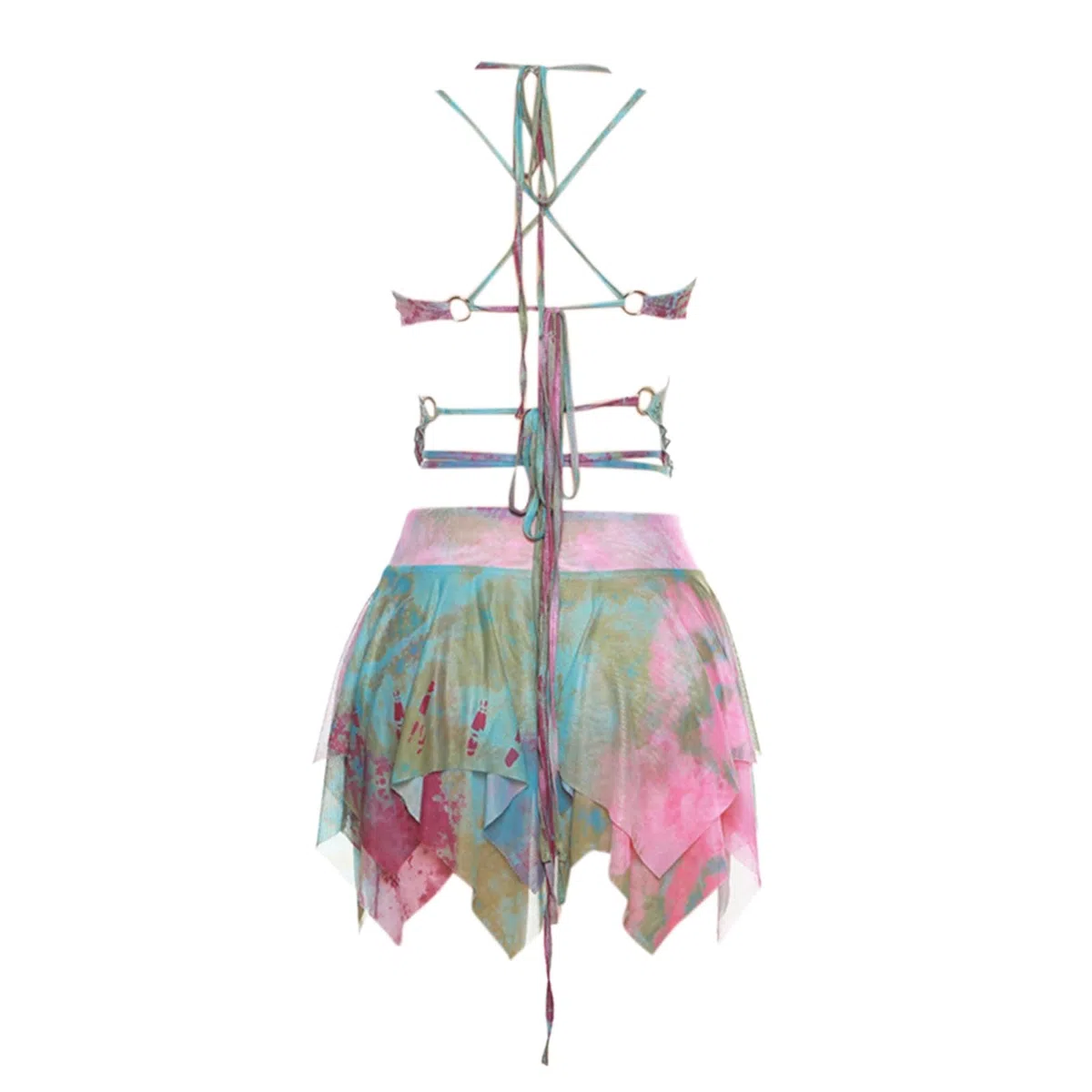 Generisch Mujer 3 piezas Verano Tie Dye Print Trajes Manga Larga Cizalla Malla Shrug Tops Chaleco Irregular Falda y Parte Superior sin vientre Conjunto de Cordones Rave Festival Streetwear Cosplay