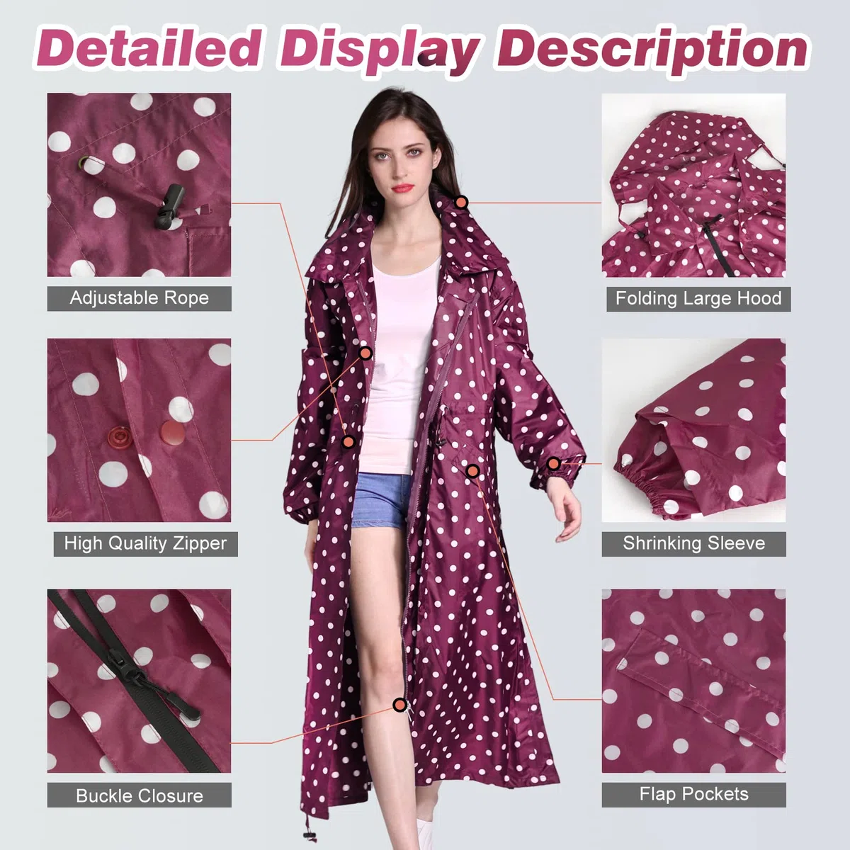 LAMA Poncho de Lluvia Impermeable, Reutilizable, Ligera y Larga, con Cordón y Cremallera, Impermeable con Capucha y Mangas para Mujeres, Adultos, Camping, Senderismo, Tamaño Libre
