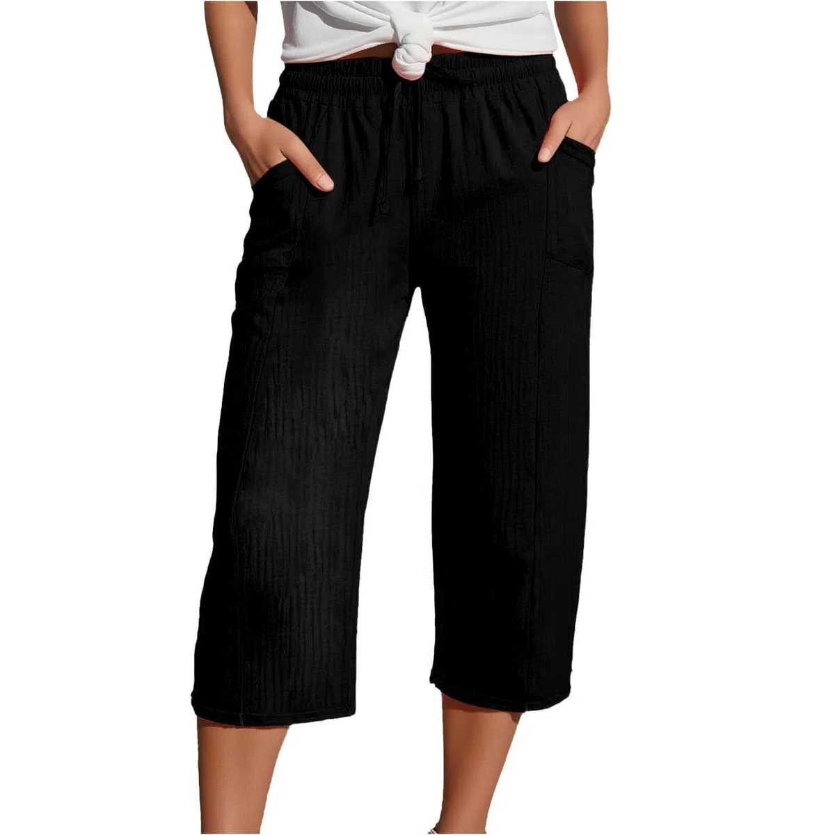 Pantalones Pirata Mujer Verano Frescos Cómodo Elásticos Lino Pantalón Deportivo 3/4 Shorts Respirable Pantalones con Palazzo Bolsillos Capris Jogger Activos Yoga Jogger Corre Playa Vacaciones