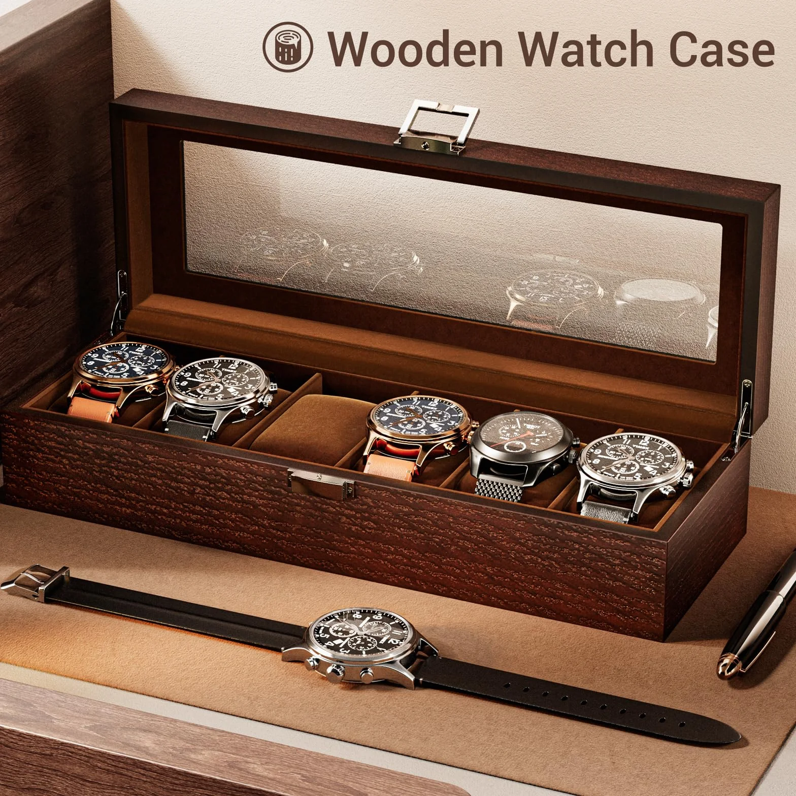 ProCase Caja para Relojes de 6 Ranuras, Funda Organizadora de Reloj con Tapa de Cristal, Estuche de Almacenamiento para Hombres y Mujeres -Marrón
