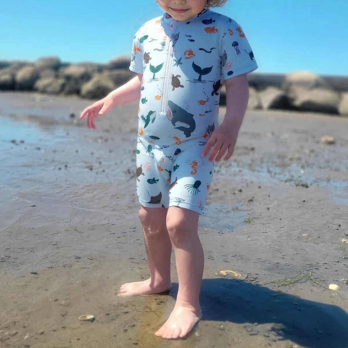 JiAmy Traje de baño para bebé niño con sombrero de sol de manga corta con cremallera, protección solar, playa, traje de baño de una pieza, 6M-5Y