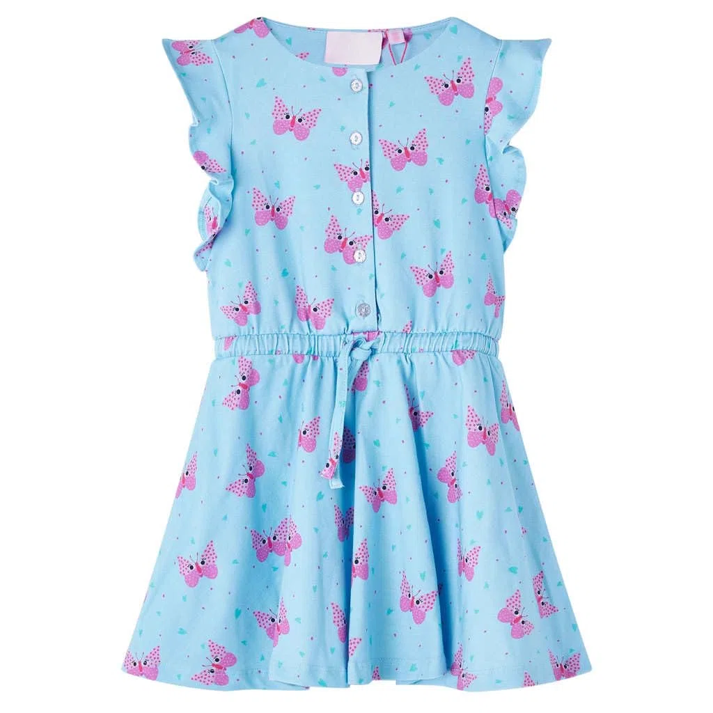 Vestido infantil niña azul verano sin mangas, algodón, volantes, botones, estampado de corazón y mariposa, adecuado para guardería, fiesta, cumpleaños, vacaciones, cómodo, transpirable