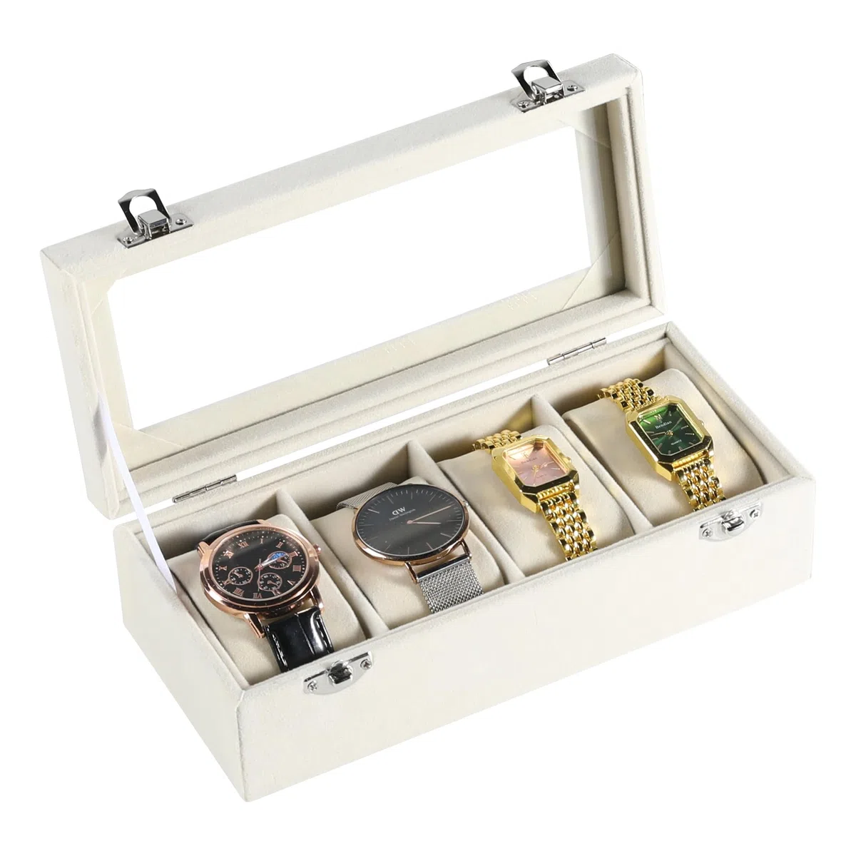 Frebeauty Caja de Reloj de 4 Ranuras con Tapa de Cristal, Organizadora de Terciopelo para Hombres y Mujeres, Almacenamiento con Cerradura, Estuche de Exhibición