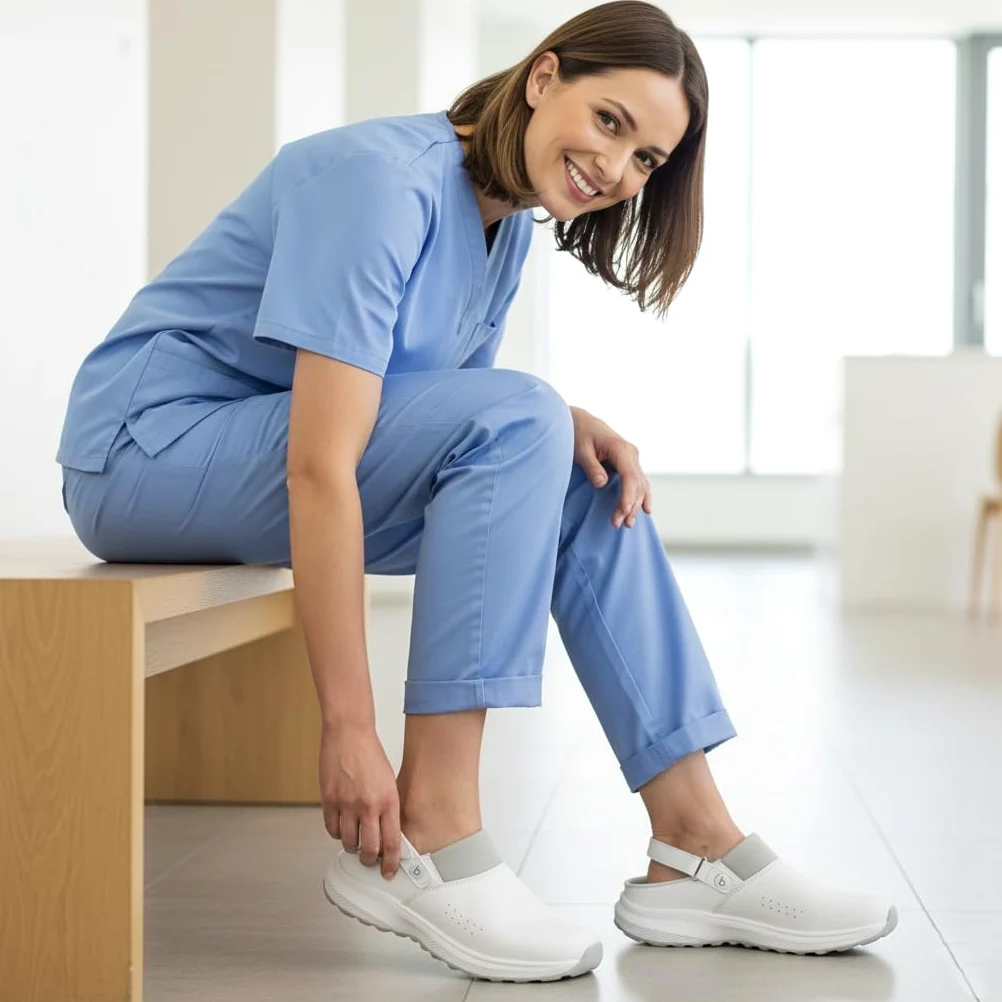 B-well Kai Zuecos médicos blancos – Zapatos de trabajo de enfermería para hombre y mujer, antideslizantes, anatómicos, suela de goma EVA