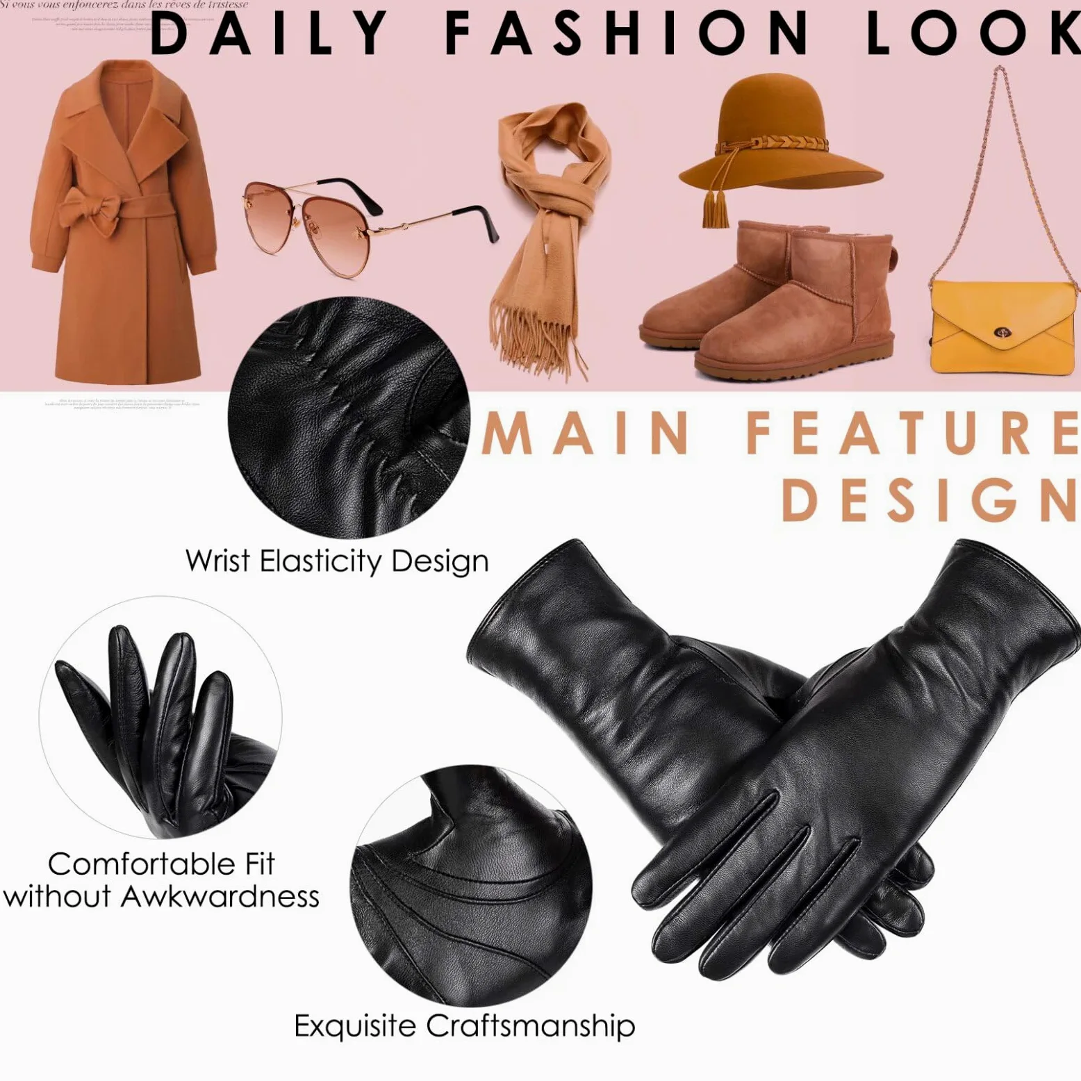 Guantes de piel de oveja de invierno para mujer, moda para conducir, pantalla táctil, con forro térmico de cachemira