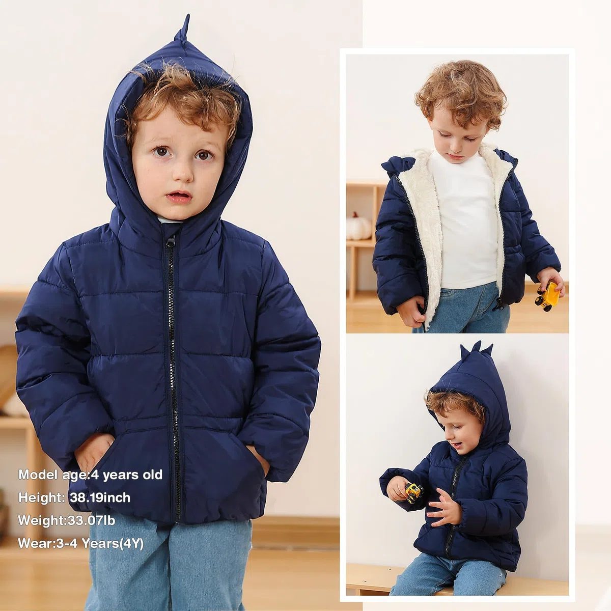 Kids4ever Chaquetas de invierno para bebé niño y niña, abrigos con capucha de dinosaurio, forro polar ártico térmico, cremallera y dos bolsillos, 6 meses a 5 años