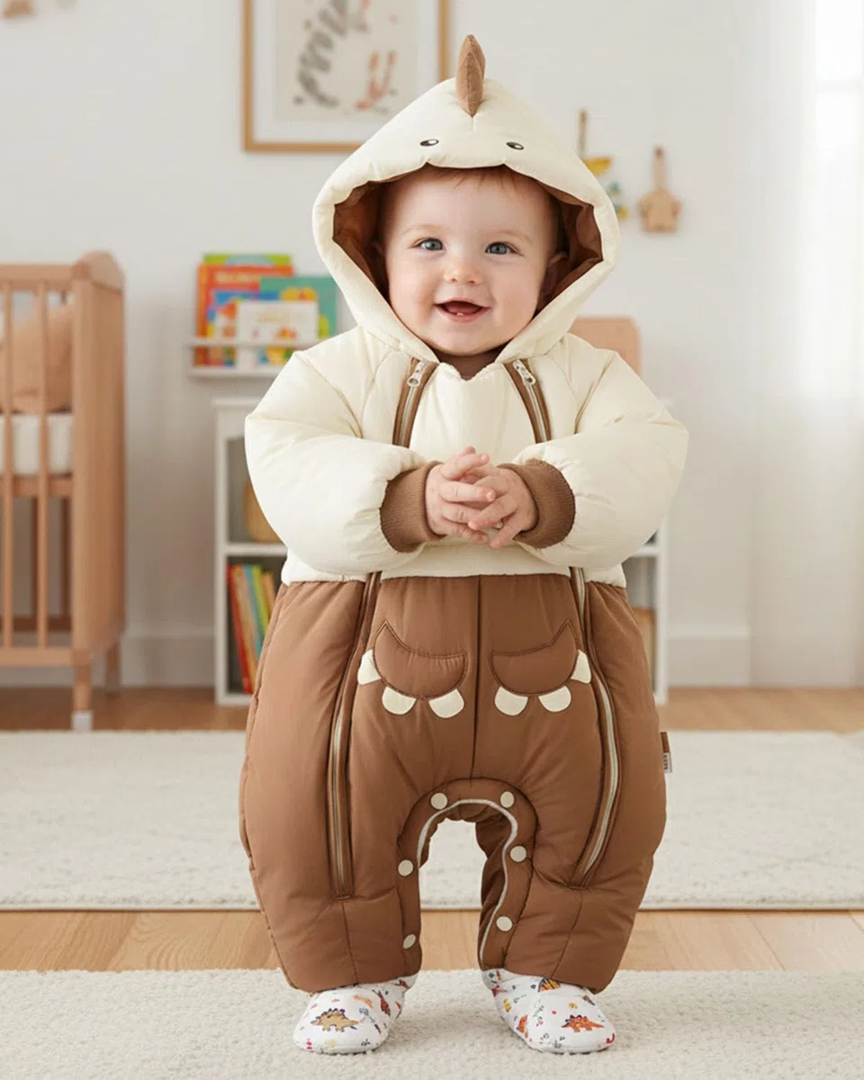Acolchado Mono Bebe Invierno, Cute Dino Buzo Bebe Invierno Ropa Bebe Niño Biña, Double Zipper Mameluco Bebe Invierno, 3-24 Meses