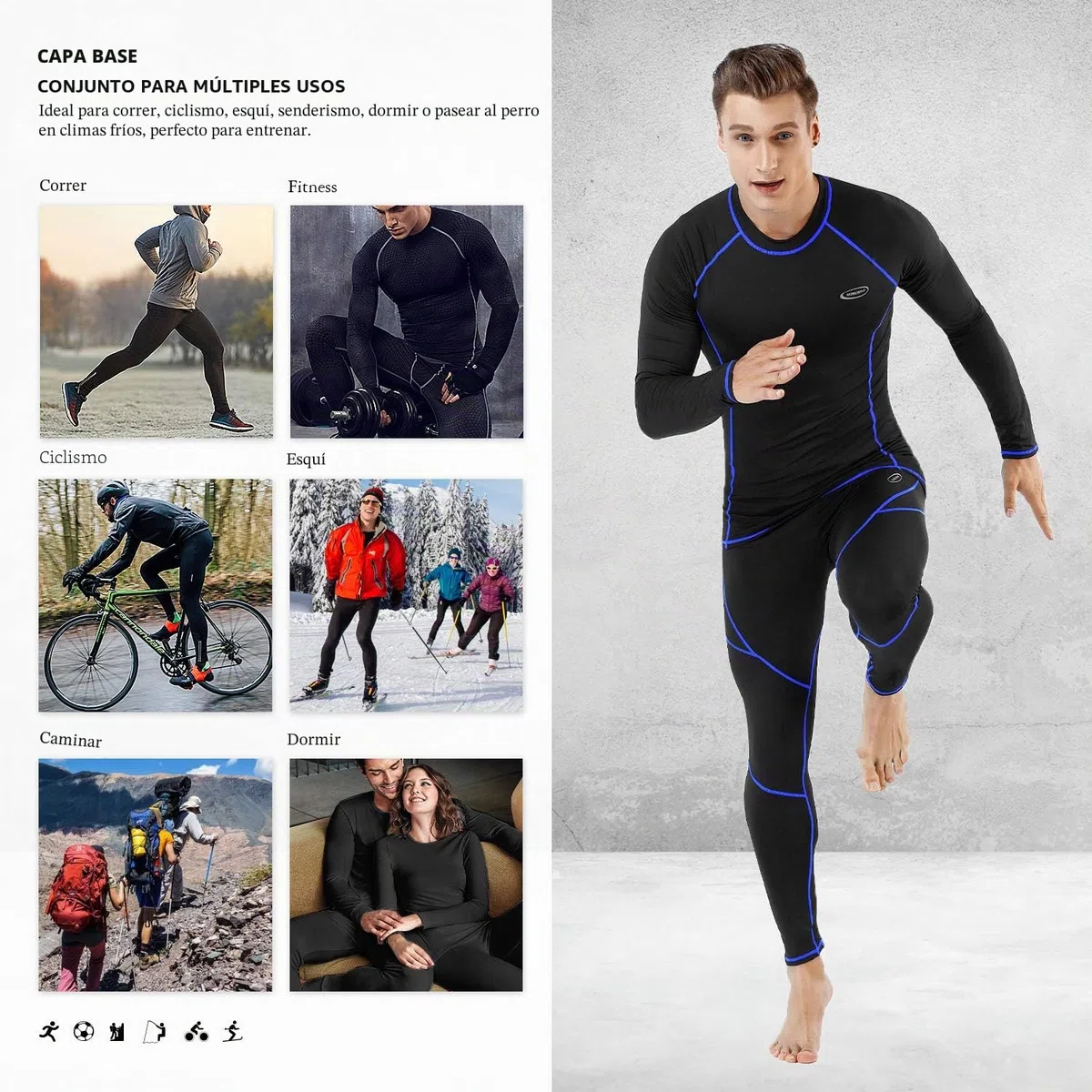 Ropa Interior Térmica Hombre, Camiseta Térmica Hombre Deportes Ropa Interior Funcional Conjuntos Térmicos Termo Invierno Otoño con muy elástica para Running Esquí Montaña Ciclismo Fitness Negro