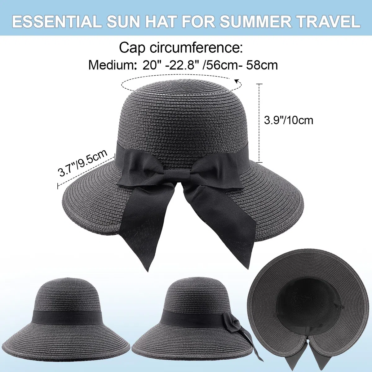 DRESHOW Sombreros de Sol Para Mujeres Sombrero de Sol de Playa Plegable Sombrero de Paja de Ala Ancha con Nudo UPF 50+