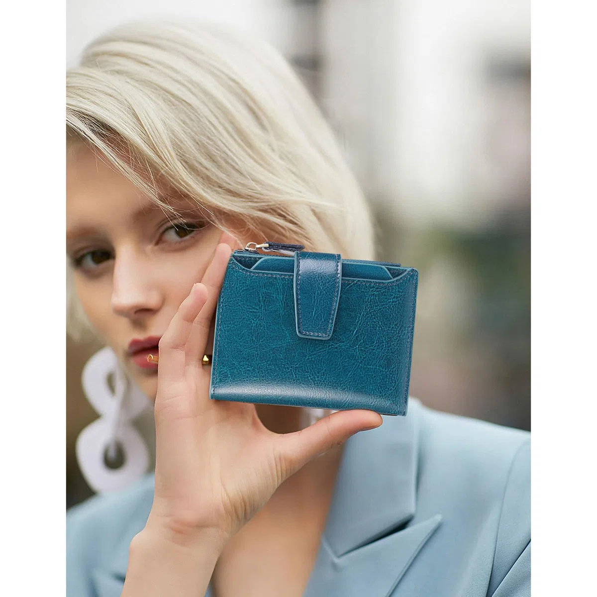 SENDEFN - Cartera de piel con bloqueo RFID para mujer, tamaño pequeño, compacto, se pliega en dos, con cremallera y ventana para identificación, Talla única