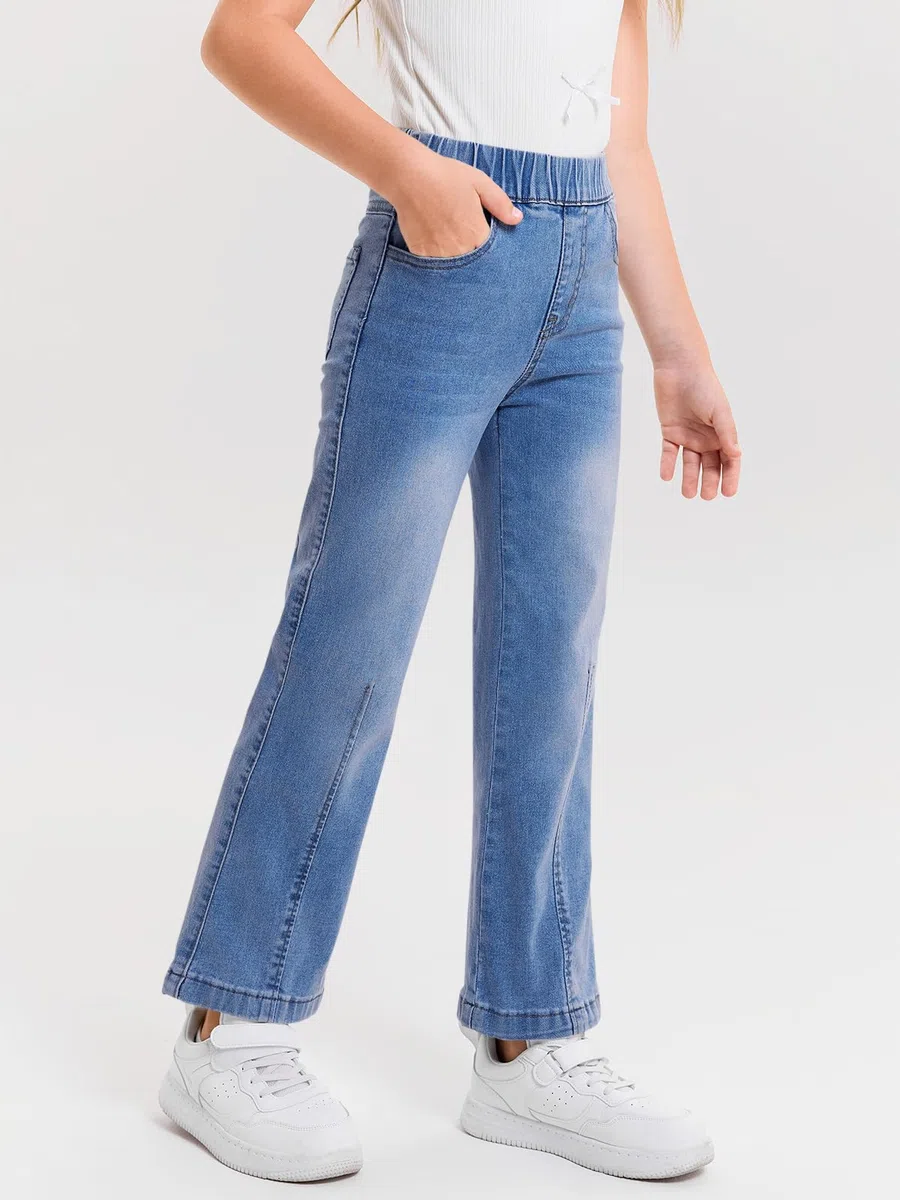 Haloumoning Jeans de pierna ancha para niñas, cintura elástica, pantalones de mezclilla holgados con bolsillos, 5-14 años