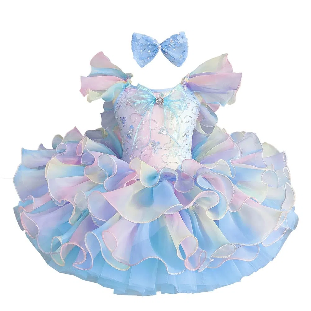 Vestido de Ballet tutú Volantes arcoíris niña con Diadema Lazo, Falda tutú esponjosa de Varias Capas Disfraz Baile