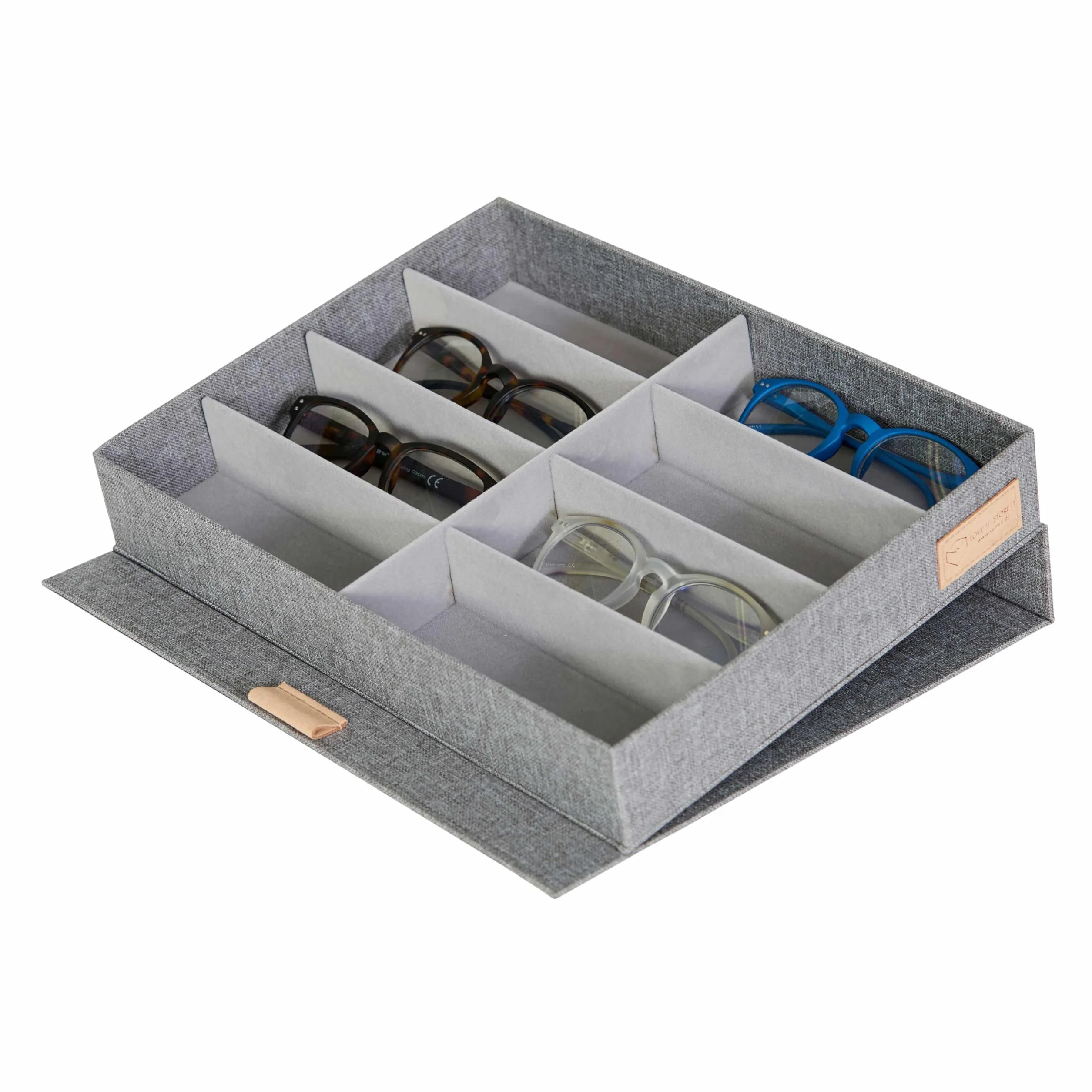 LOVE IT STORE IT Premium - Caja para 8 gafas - De tela de lino - Almacenamiento y presentación - Reforzado con madera - Gris claro - 32 x 25 x 5,5 cm