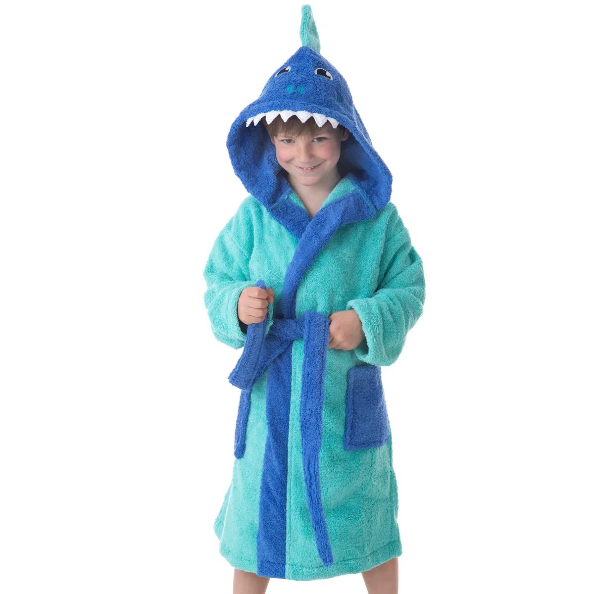 Albornoz Baño Niño Infantil 100% Algodón Bata con Bolsillos, Dibujos y Capucha Sharky (6 a 8 años)
