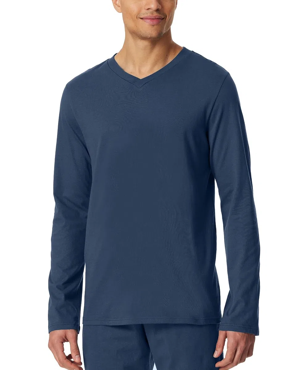 Schiesser Herren Schlafshirt Langarm V-Ausschnitt - Mix + Relax - Organic Cotton Camiseta de Pijama Hombre (Pack de 1)