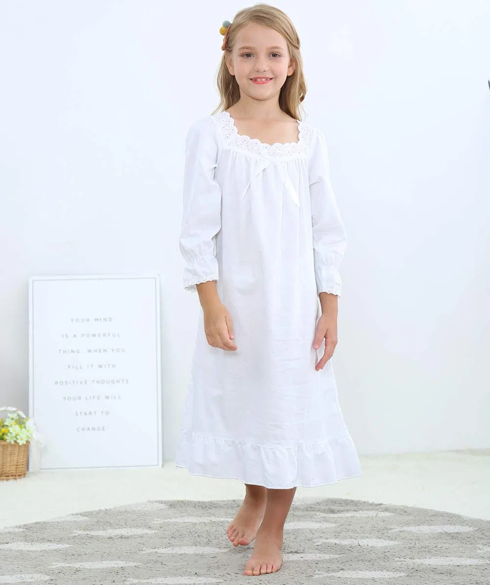 Niña Manga Larga Pijama de Algodón de Vestido de Noche Camisones para Niñas Blanco,90-150 Cm