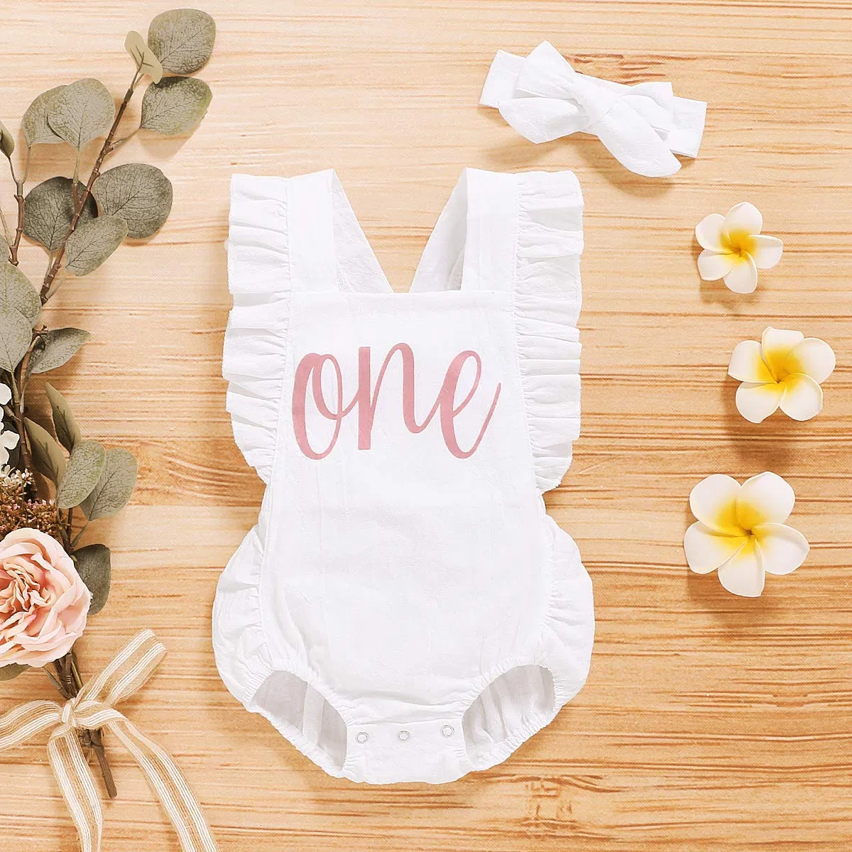 Shalofer Traje de primer cumpleaños para niña con diadema, Blanco, 12-18 Months
