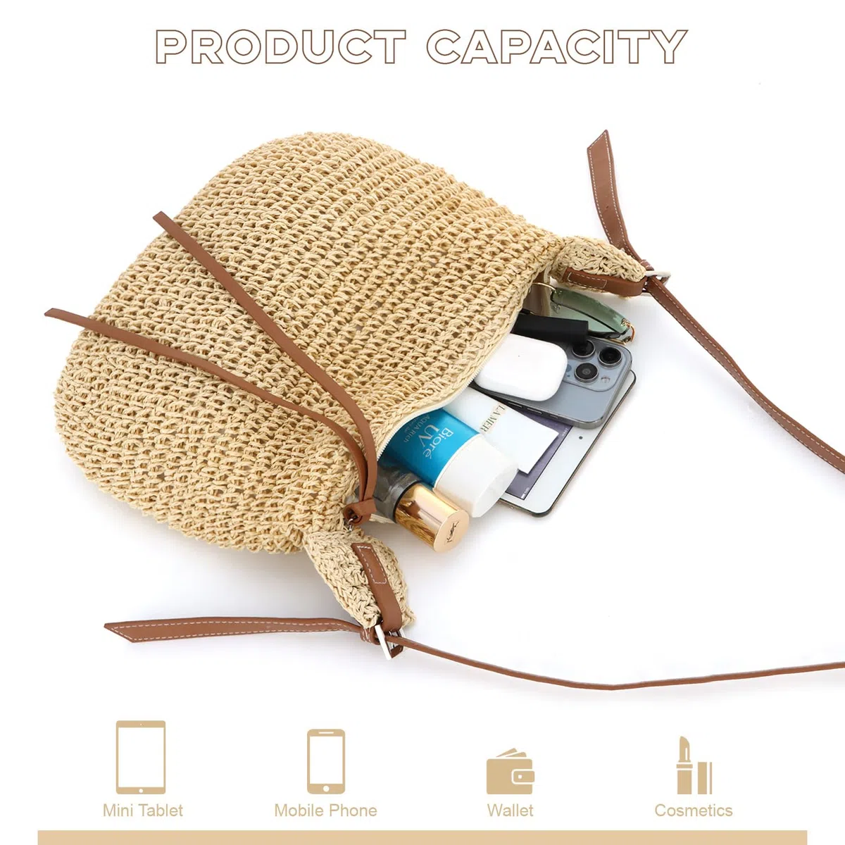 EVEOUT Bolso Bandolera de Rafia para Mujer Bolso Paja Tejido Liviano de Verano Boho para Playa Vacaciones Diario