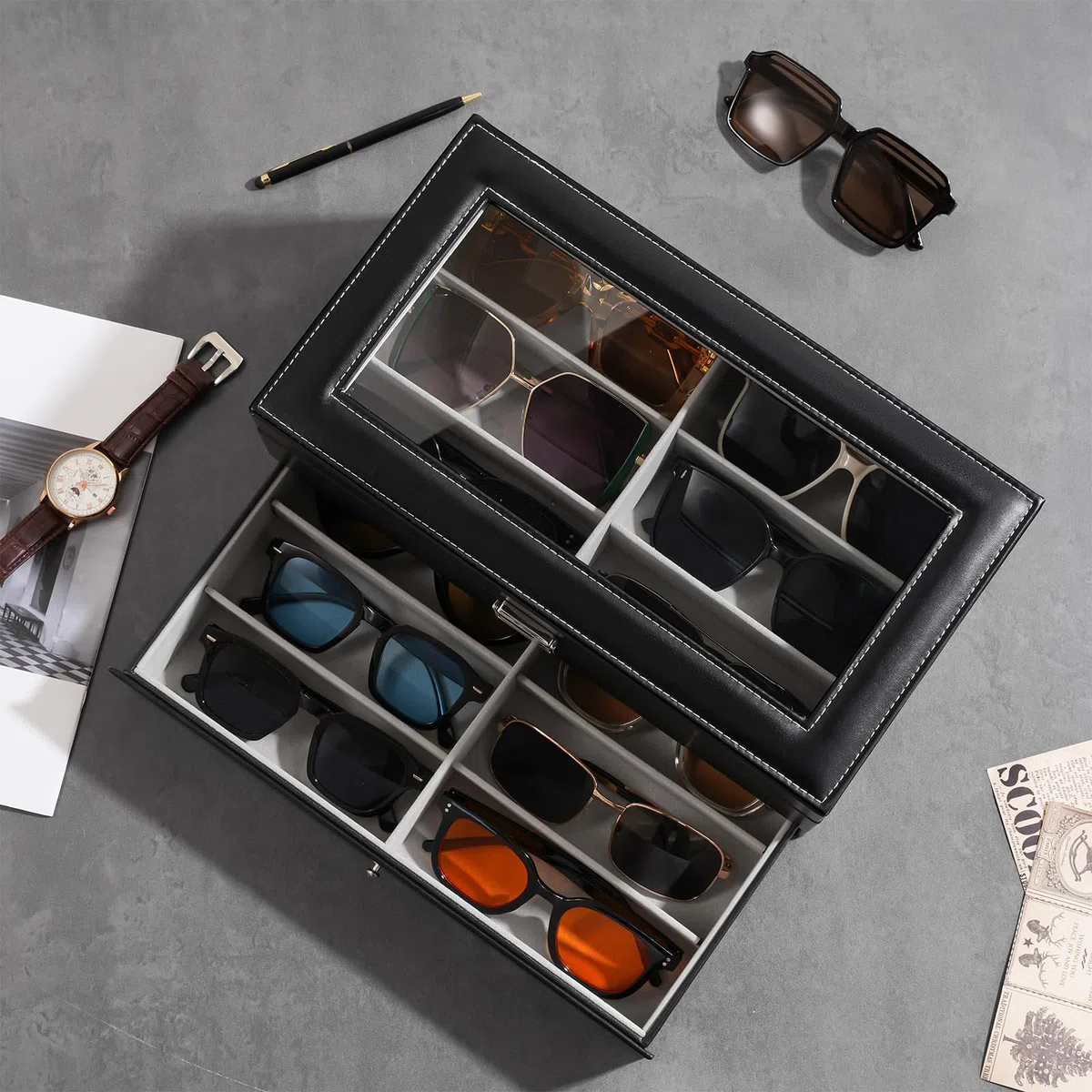 ProCase Caja Gafas, Expositor Gafas de Sol, Organizador Sunglasses 12 Compartimentos 2 Capas, Estuches para Gafas, Joyería, Reloj, Guardar Llaves Regalo Ideal para Mujeres Hombres -Negro