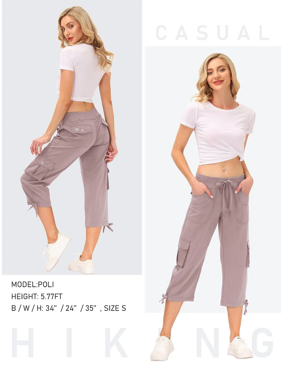 JINSHI Pantalones Cargo Mujer Verano 3/4 Capri Pantalón Casual Ligero Pantalones de Senderismo Deportivos Multi-Bolsillos