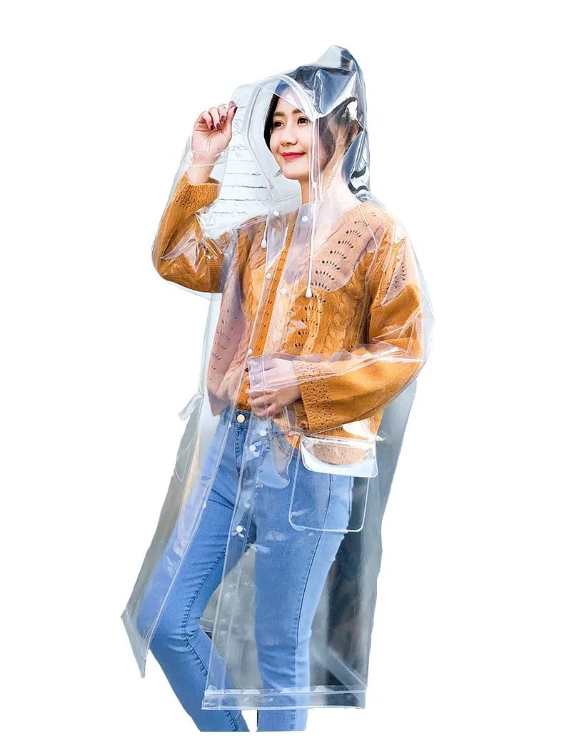 Freesmily Chubasquero súper transparente para mujer, impermeable, de EVA, reutilizable, con capucha con cordón