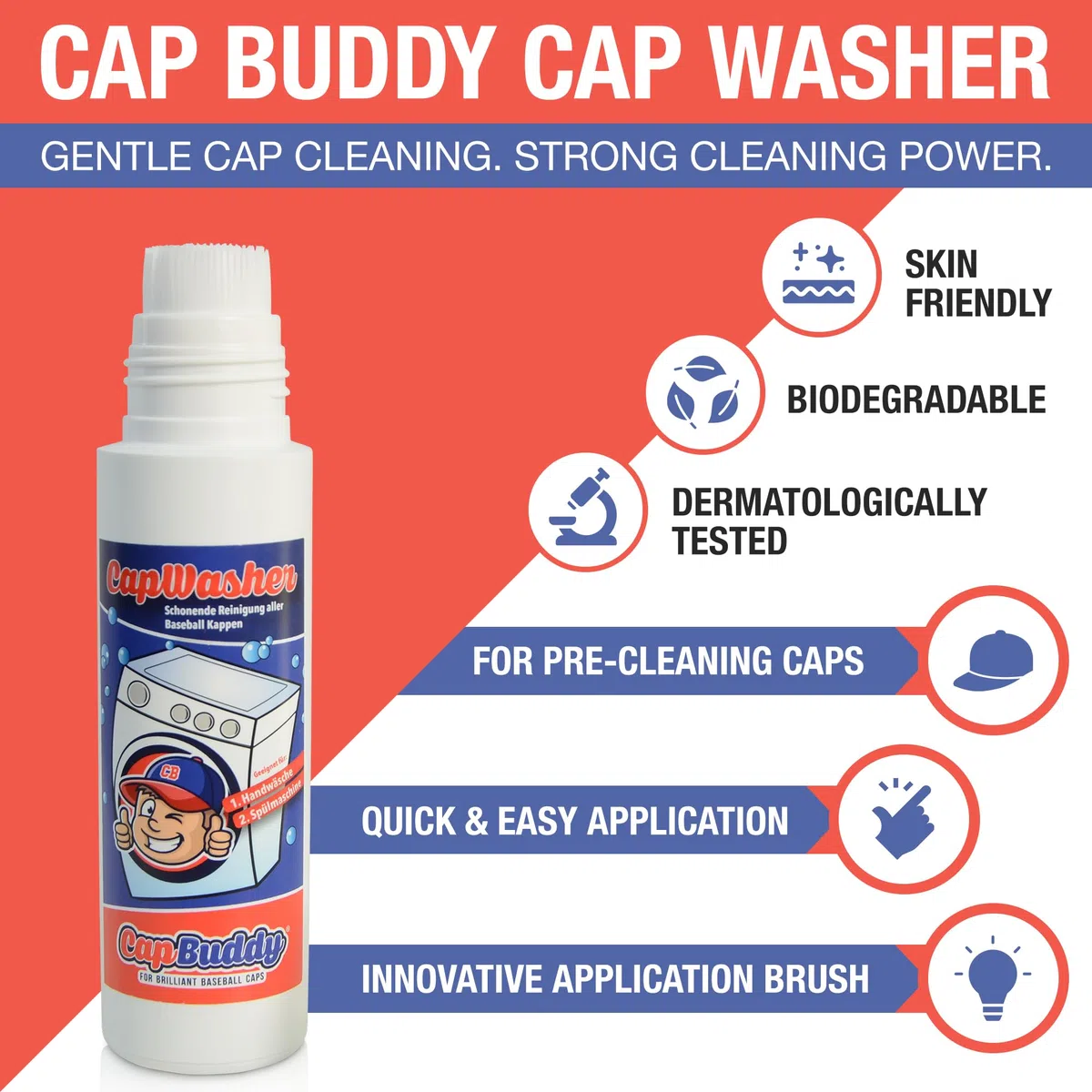 Cap Washer detergente de doble envase para la limpieza suave de todas las gorras de béisbol especialmente indicado para la limpieza previa en el Capbuddy para el lavavajillas