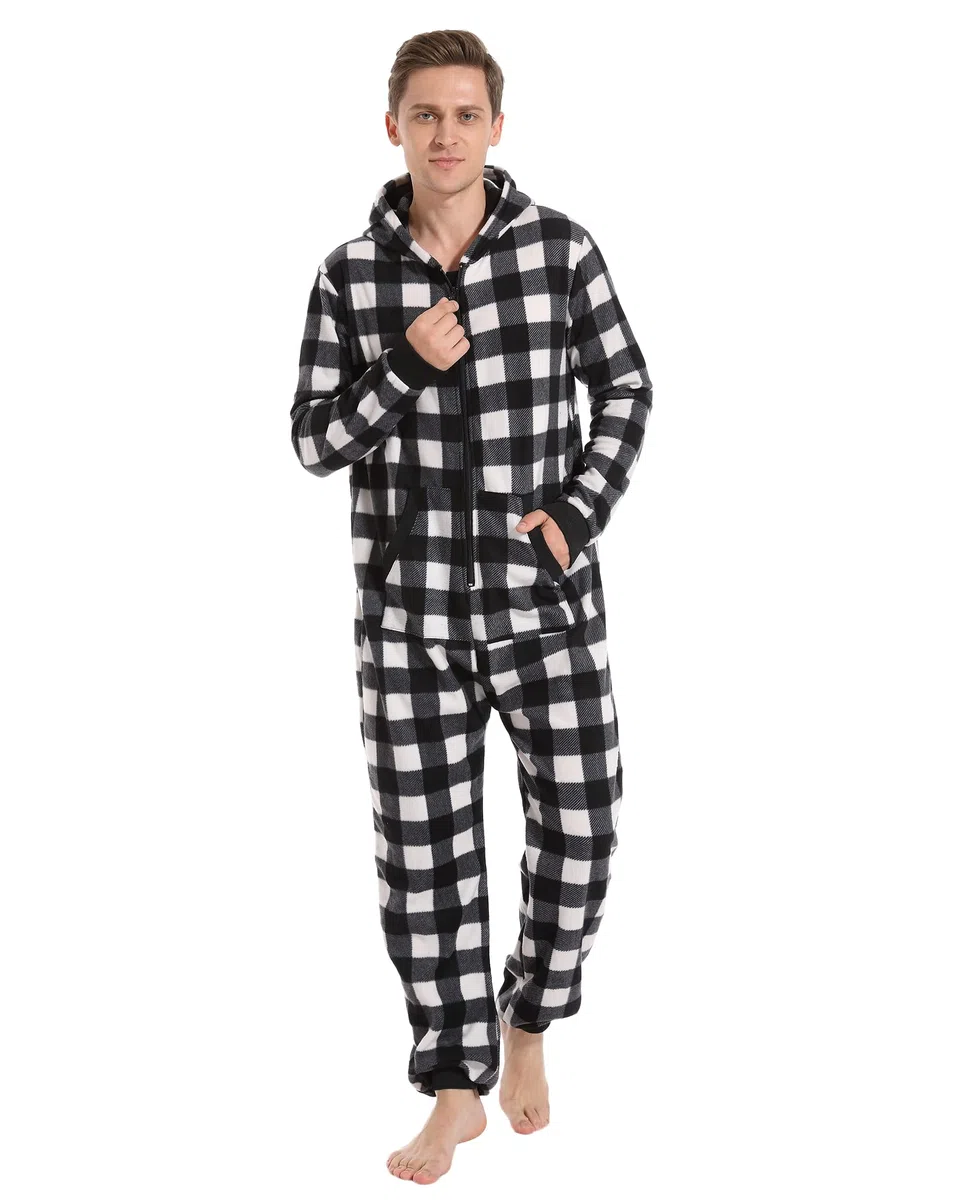 Pijama Adulto Cuadros Onesie de Navidad Mono con Capucha y Cremallera Familia Homewear Sleepwear Mujeres Hombres