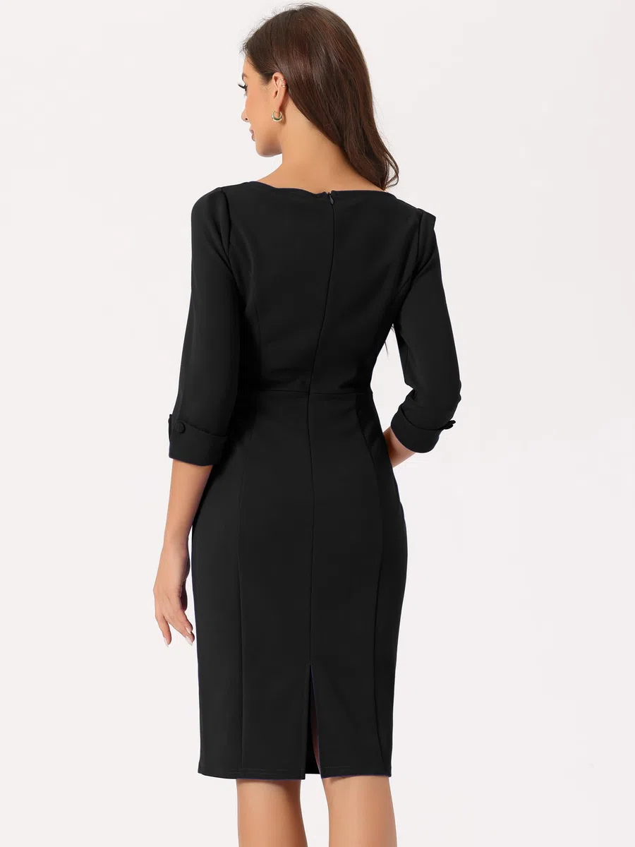 Allegra K Vestidos Midi para Mujer, Manga 3/4, Escote Corazón, Corte Ajustado, Vestido de Lápiz Oficina