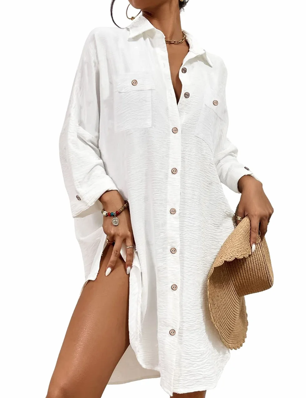 Bsubseach Mujer Traje de baño Vestido Corto con Botón Cover Up Blusa Tops Suizo Punto Camisola y Pareos