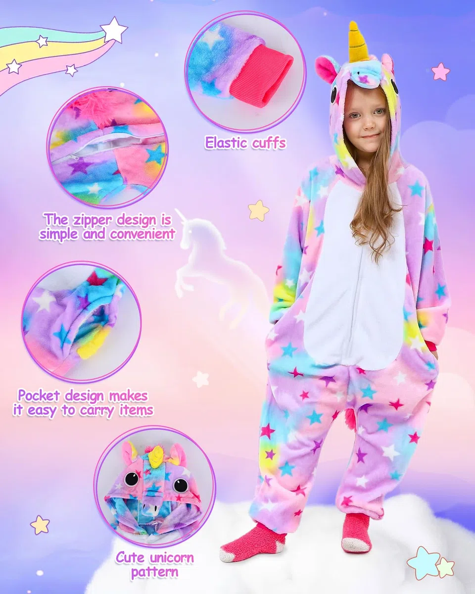 GEEKEO Pijama para Niños Onesies Unicornio Cosplay Costume con Capucha, Ropa de Dormir Unicornio Ropa de Noche Fancy Dress Up Dibujos Animados para niños Halloween Navidad