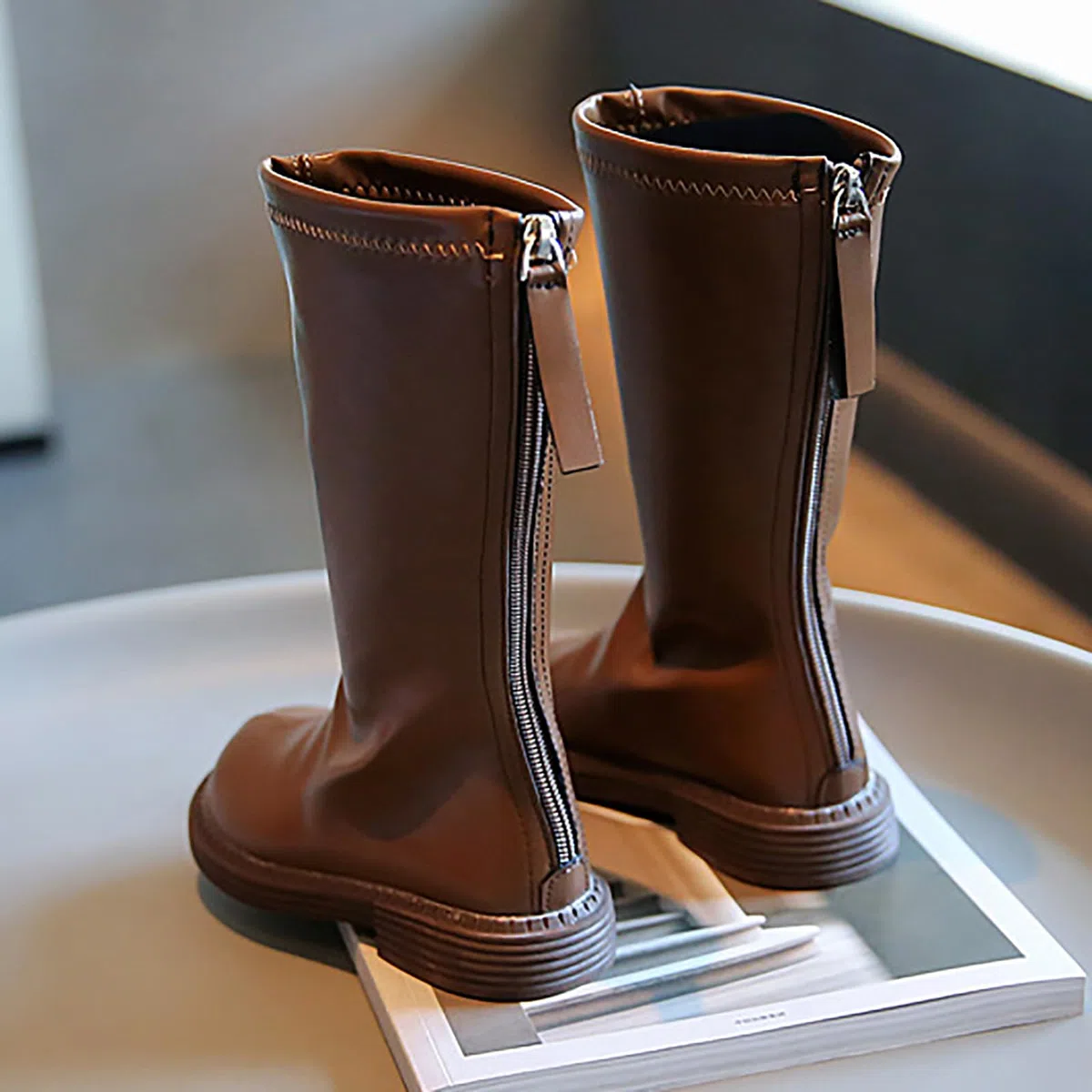Botas De Equitación Para Niñas (26-36), Transpirables/sin Frotar Los Pies, Cremallera Trasera/hasta La Rodilla, Suela Antideslizante/de Goma, Punta Redonda, Para Otoño,30,Brown