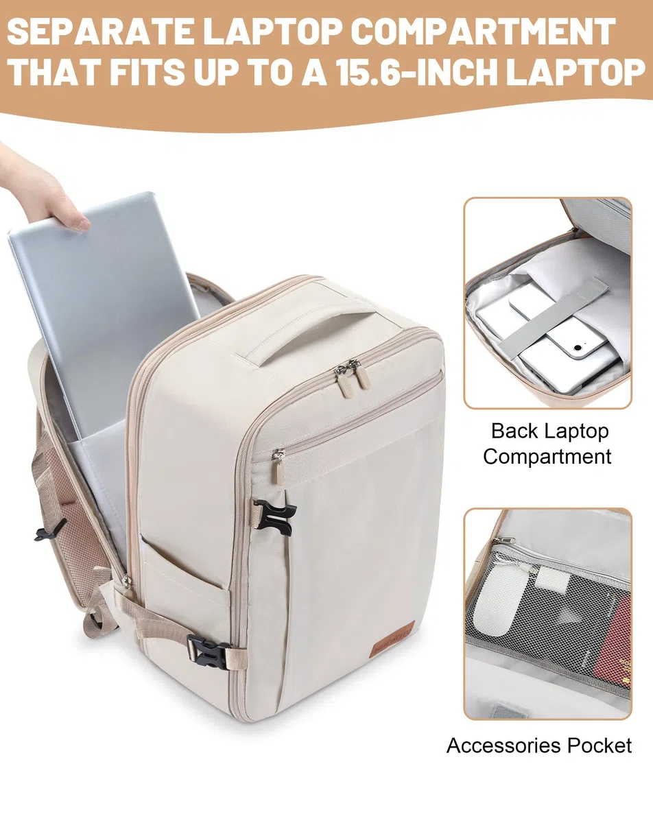 Mochila Viaje Cabina Avion 40x30x20, Maletas de Viaje Cabina para Vueling Impermeable Mochila Equipaje de Mano, 30L Mochila Hombre Mujer Travel Backpack Mochila Portatil(Beige Crema)