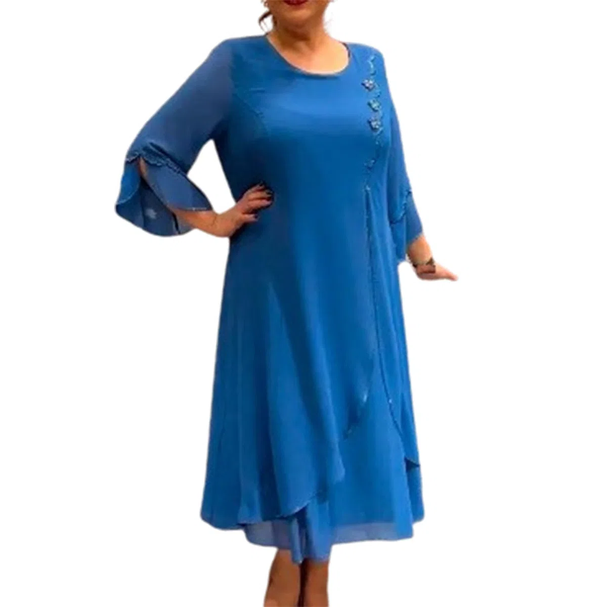 Vestido Suelto de Gasa de Color sólido para Mujer, Vestido de Volantes de Gasa con Mangas Medias y Cuello Redondo (4XL,Shape-D)