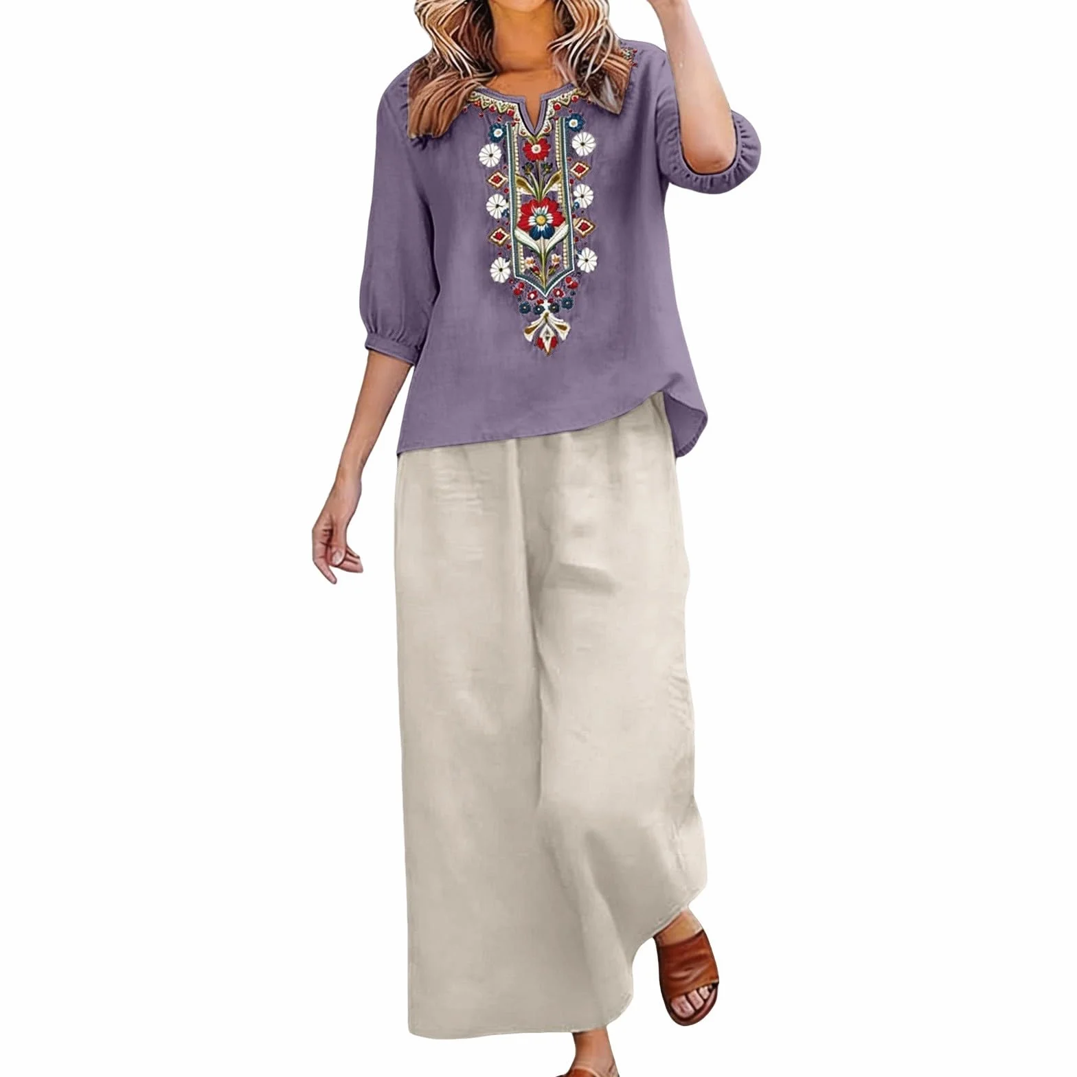 Conjunto Mujer Verano 2 Piezas Original Moda Algodon y Lino Traje de Primavera Ligero Chándal Blusa Manga 3/4 Pantalones Ropa de Playa Vacaciones Deportivo Casa Trabajo M-3XL
