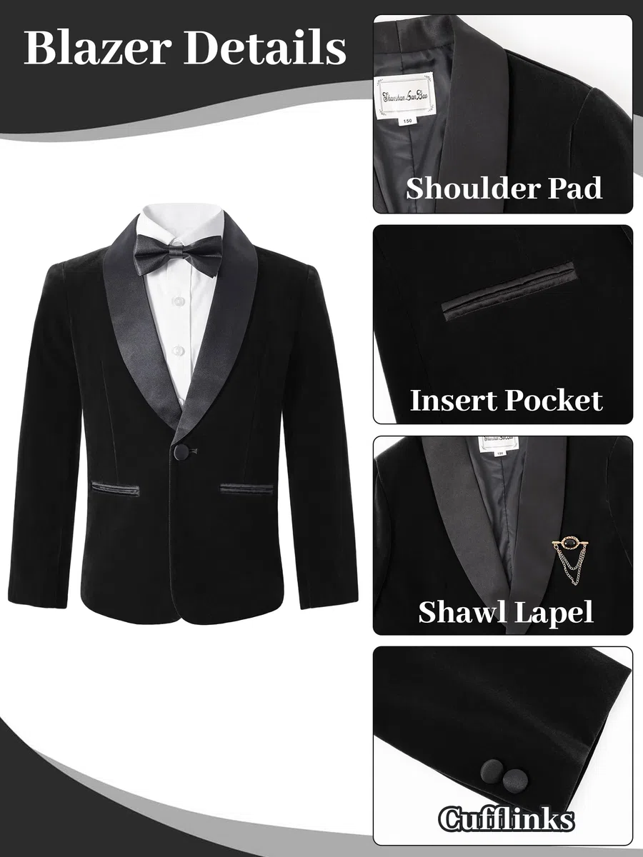 LOLANTA Traje de Esmoquin de Terciopelo para Niños, Traje Formal de Boda, Invierno, Juego Completo de 4 Piezas, Traje de Prom con Blazer, Pantalones, Camisa, Pajarita, Trajes de Esmoquin